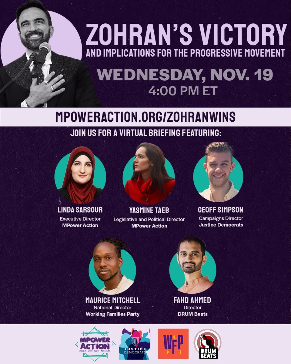 Excited for our webinar TOMORROW at 1pm PT/4pm ET with <a href="/justicedems/">Justice Democrats</a> <a href="/WorkingFamilies/">Working Families Party 🐺</a> <a href="/DRUMBeatsNYC/">DRUM Beats #ZohranForMayor</a> to discuss Zohran's historic victory and broader implications for our movement and fight for peace and justice. RSVP: mpoweraction.org/zohranwins