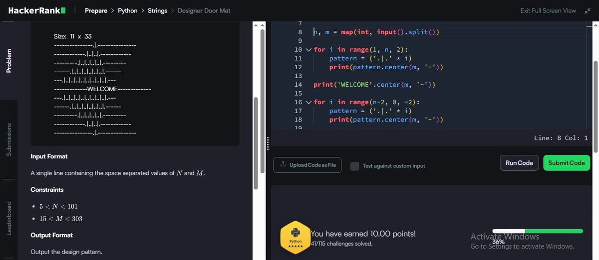 MRout75802's tweet image. Day 58/100 ✅
💡 Challenge: Designer Door Mat
🔹 Practiced string patterns
🔹 Used .center() and loops
🔹 Built symmetric designs in Python
#Python #100DaysOfCode #HackerRank #zigbee