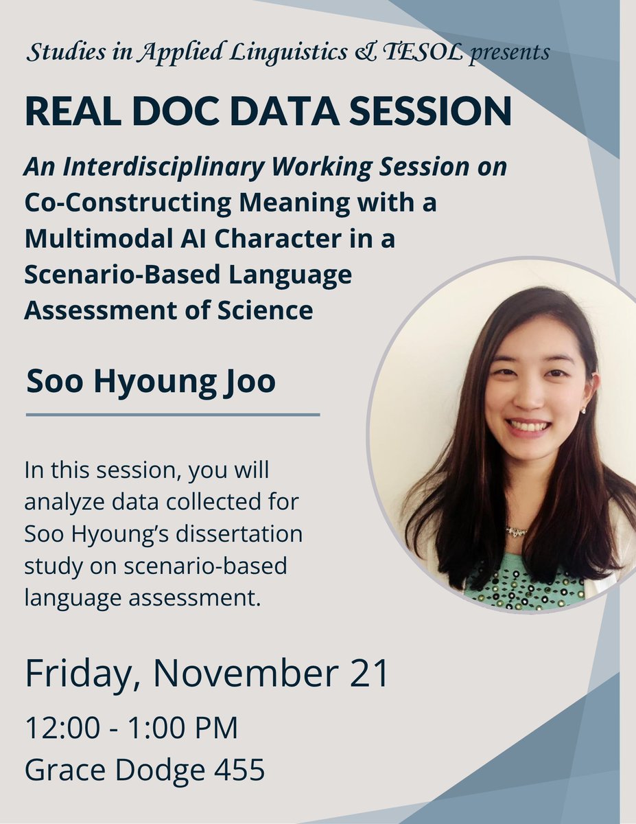 Join us for a REAL Doc Data Session on AI in scenario-based language assessment with EdD candidate Soo Hyoung Joo!

📅 Nov 21 | ⏰ 12–1 PM | 📍 GDH 455 <a href="/TeachersCollege/">Teachers College, Columbia University</a> 

Analyze real research data alongside emerging &amp; established scholars

#AppliedLinguistics #NYC #AI #TC #CU