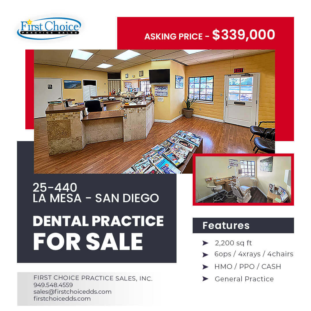FirstChoicePS's tweet image. 🦷 Dental practice for sale in La Mesa, San Diego!

✅ 6 operatories, 2,200 sq ft
✅ Strong HMO/PPO/CASH patient base
✅ $339K asking price, 40%+ profitability
✅ Prime retail center with excellent visibility

📞 Contact First Choice Practice Sales, Inc. at…