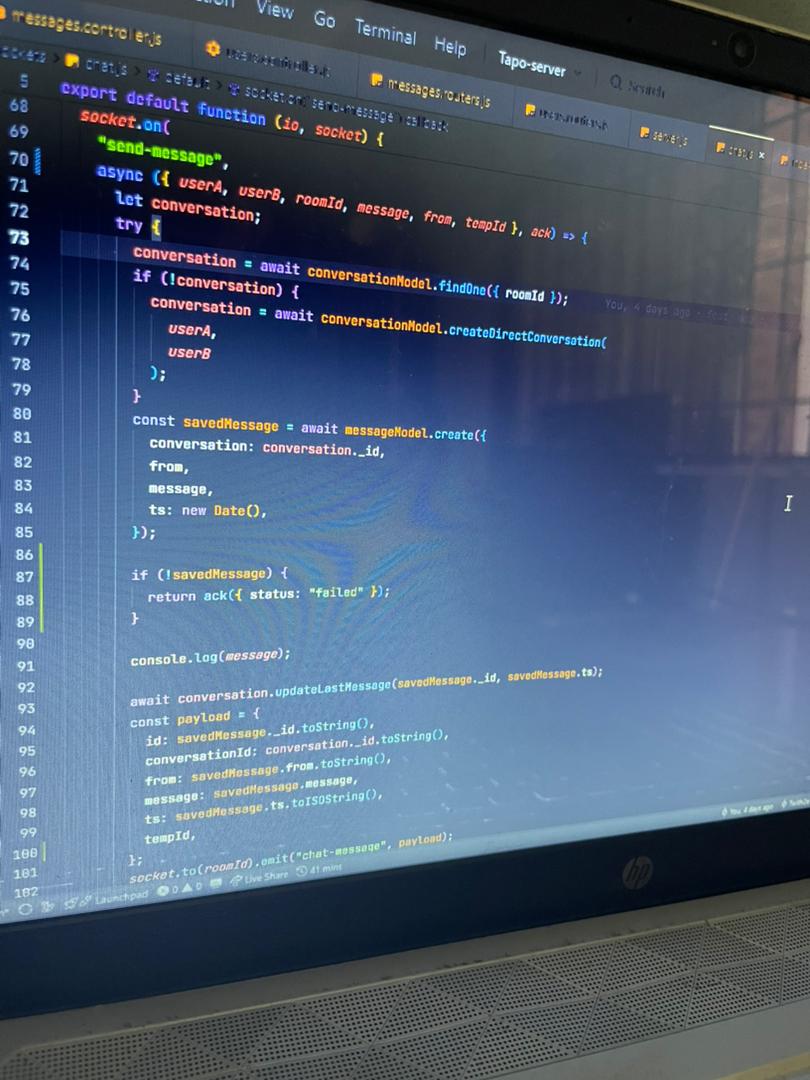 Twith2e's tweet image. 2. Node.js (Server Side)
 The server handles HTTP requests and WebSocket connections. Using Node.js, I set up an HTTP server and let Socket.IO manage the WebSocket upgrade for real-time communication.