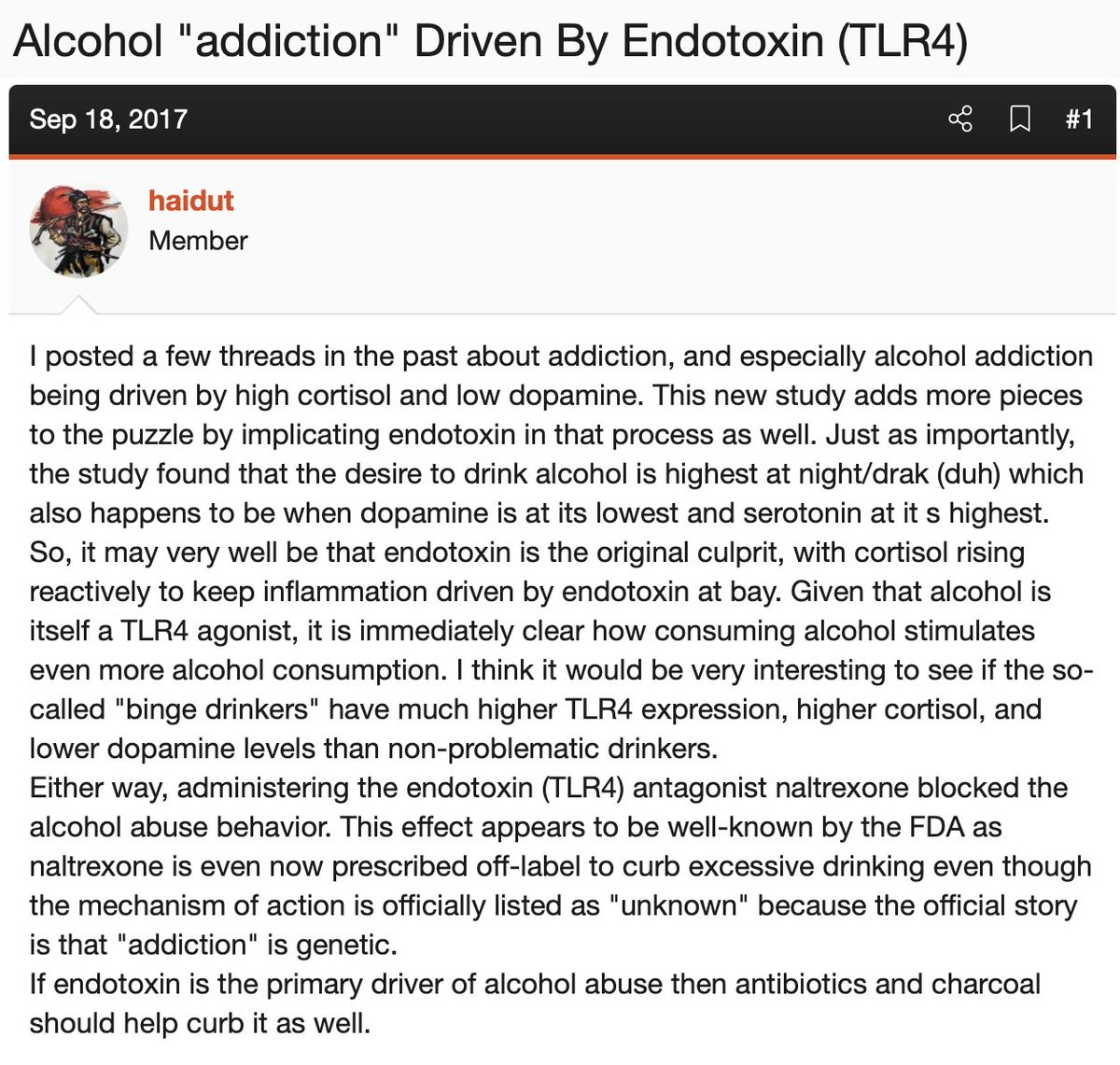 lowmegatron's tweet image. One of the reasons pregnenolone helps with alcohol cravings is that it inhibits TLR4, a cell sensor activated by bacterial endotoxin, which causes anxiety, inflammation, and neurodegeneration.

“Administering the endotoxin (TLR4) antagonist naltrexone blocked the alcohol abuse…