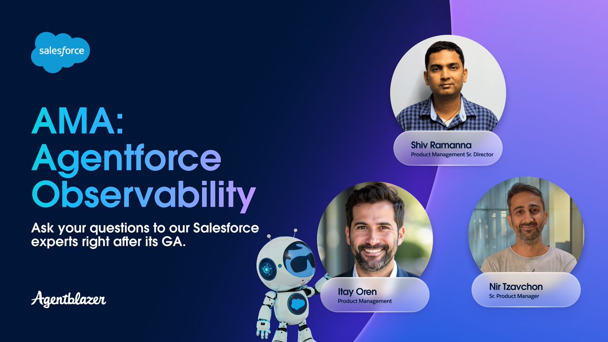 trailhead's tweet image. Got questions about Agentforce Observability?

Join our live AMA on November 24 in the Agentblazer Community on @SlackHQ!

Get insights from experts on monitoring, troubleshooting, and optimizing your agents. Join us: sfdc.co/agentblazer