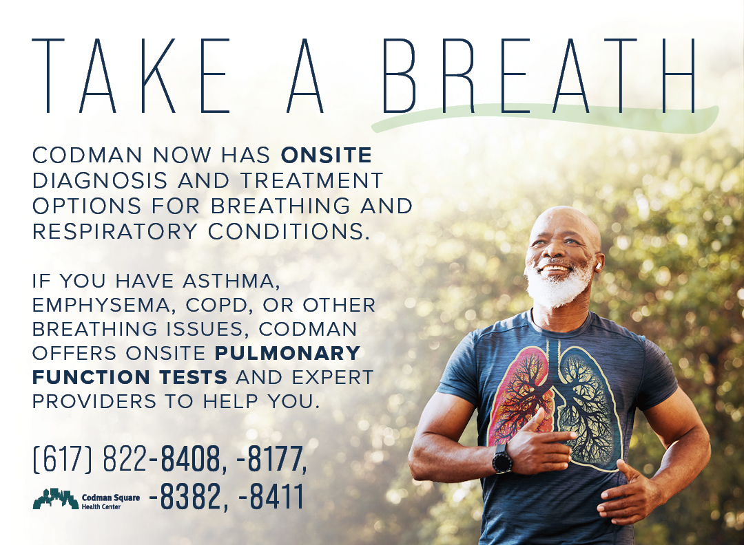 CodmanHealth's tweet image. Codman has ONSITE diagnosis &amp;amp; care options for lung conditions. If you have asthma, emphysema, COPD, or other #respiratory issues, Codman offers Pulmonary Function Tests at the health center. Call (617) 822-8408, 8177, 8382, or 8411. codman.org #PFT