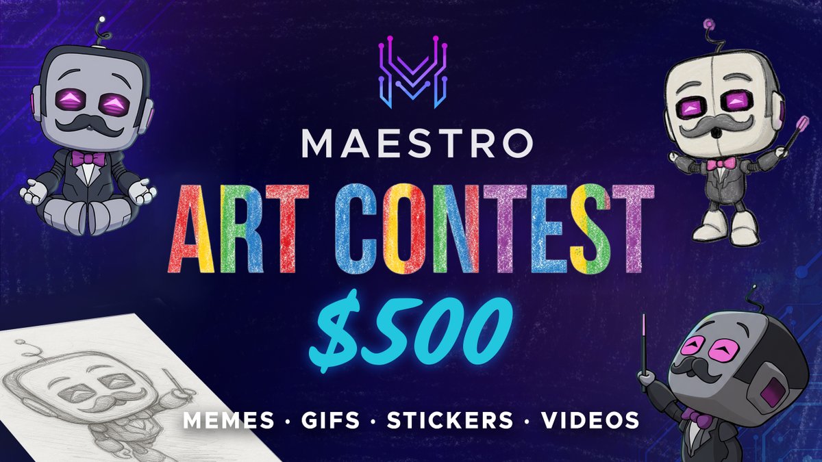 MaestroBots's tweet image. The $500 Maestro Art Contest 🎨

Maestro is calling on its community to create!

Make an original meme, GIF, sticker or video inspired by Maestro for a chance to win.

💰 $500 Prize Pool
🏆 Five winners, $100 each

📅 Submission Deadline: November 27
