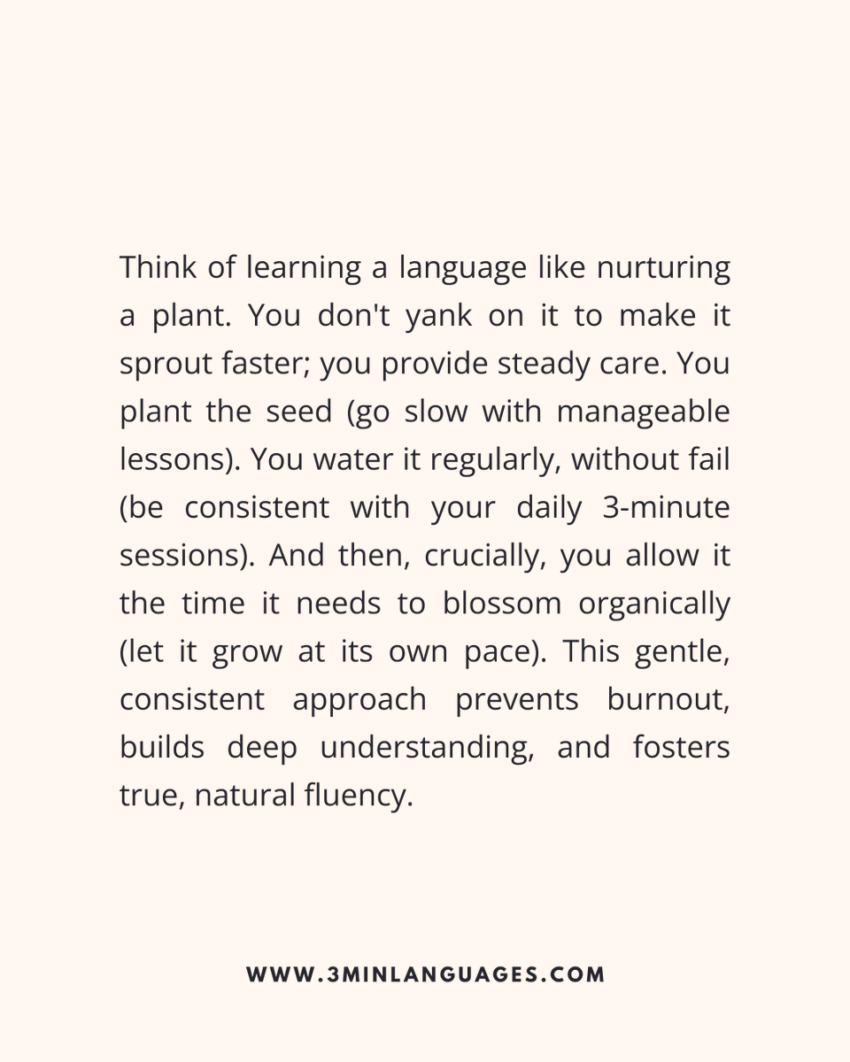 3MLanguages's tweet image. Go slow. Be consistent. Let it grow.
 That’s the rhythm.
 👉 Nurture it daily: 3minlanguages.com

#3MinuteLanguages #StudyIn3 #LanguageLearning #MicroLearning #Consistency #LearnFrench #LearnSpanish #LearnGerman #LearnItalian #LearnPortuguese