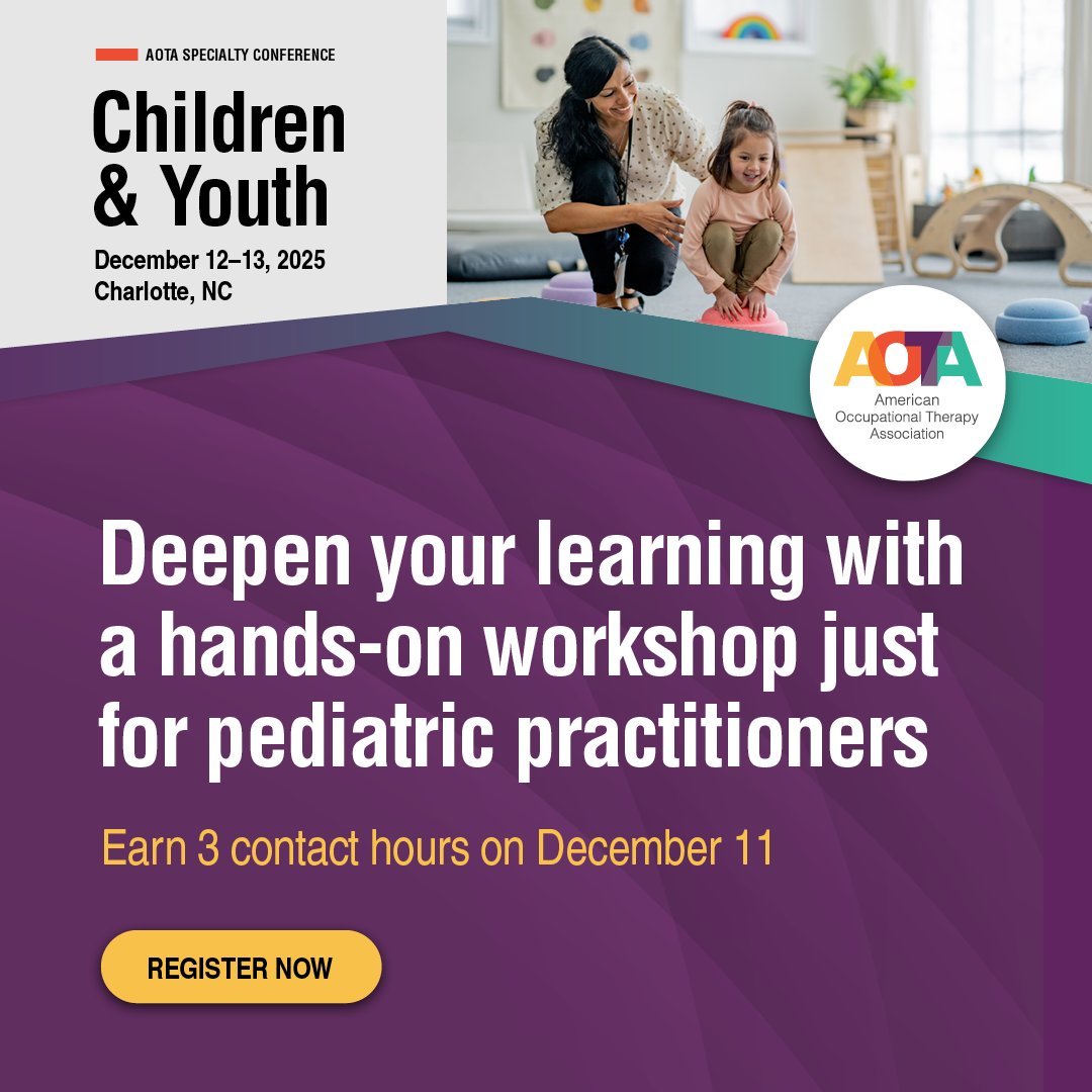 HandTherapyASHT's tweet image. ASHT is proud to partner with @AOTAinc on a pre-conference session at their upcoming Children &amp;amp; Youth Specialty Conference, &quot;From Perinatal to Traumatic: Navigating #BrachialPlexus Injuries in Pediatric Occupational Therapy.&quot;

LEARN MORE: ow.ly/H18x50Xt0E0