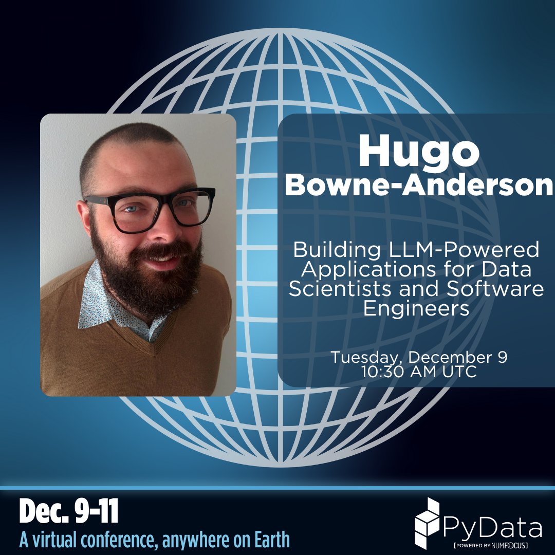 PyData's tweet image. If you&apos;re a data scientist, machine learning practitioner, or AI enthusiast, check out Hugo Bowne-Anderson’s insightful workshop on Building LLM-Powered Applications for Data Scientists and Software Engineers on our first day of PyData Global 2025, Dec. 9! hubs.la/Q03TksvD0