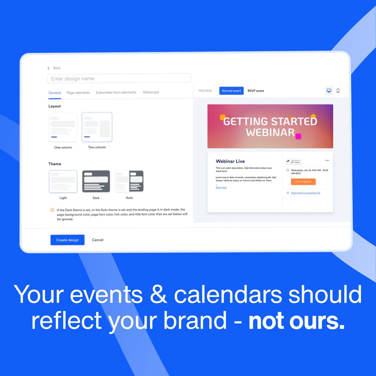 AddEvent_Inc's tweet image. Your events should look as good as they perform.

With AddEvent 2.0, you can:
➡ Match colors, layouts &amp;amp; text to your brand
➡ Preview live before publishing
➡ Reuse templates for consistent branding

Start designing now: eu1.hubs.ly/H0ppsCR0

#EventBranding #NoCode