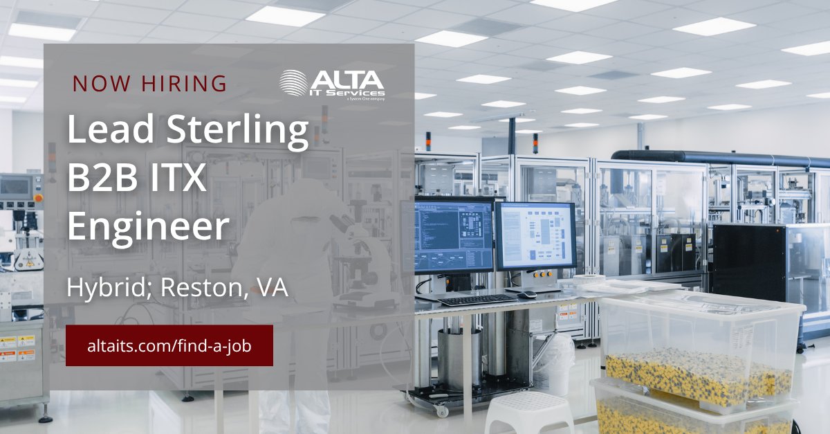 altaitservices's tweet photo. ALTA IT Services is #hiring a Lead Sterling B2B ITX Engineer for #hybrid work in Reston, VA. 

Learn and apply today: https://t.co/Qspwo81YAM 

#ALTAIT #SterlingB2B #EDIDeveloper #JavaDeveloper #IntegrationEngineer #B2BIntegration #HIPAAX12 https://t.co/sSiORyIC75