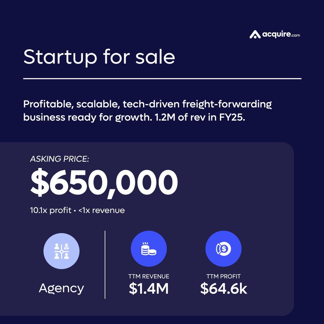 🔥 New Startup Listed 🔥 Agency | Profitable, scalable, tech-driven  freight-forwarding business ready for growth. 1.2M of rev in FY25. | $1.4M  TTM revenue Asking Price: $650k Contact the seller here:  https://t.co/cm00q6jkTb