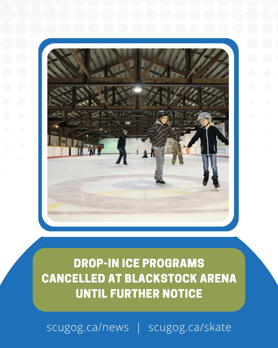 All drop-in ice programs at the Blackstock Arena will be cancelled until further notice. Visit scugog.ca/skate for alternative schedules for ice programs at the Scugog Arena.
 
For more information and to stay current on updates, visit scugog.ca/news