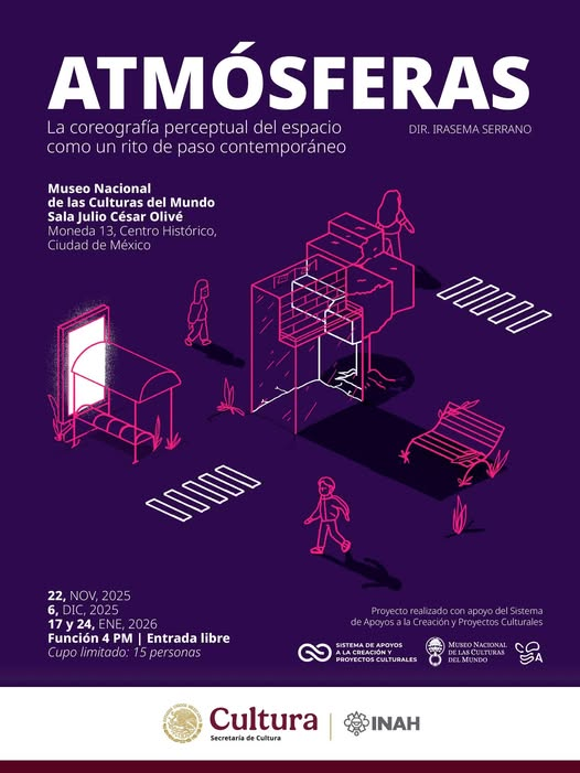 MuseoCulturas's tweet image. La experiencia de #danza inmersiva &quot;Atmósferas&quot; ofrecerá un laboratorio experimental de movimiento, escritura coreográfica y prácticas sensoriales.

🗓️#Sábado 22 de noviembre
📌Sala Julio César Olivé del #MNCM
🏛️Moneda 13, Centro Histórico, CDMX
⏰16h
🪑15 personas
📝Sin registro