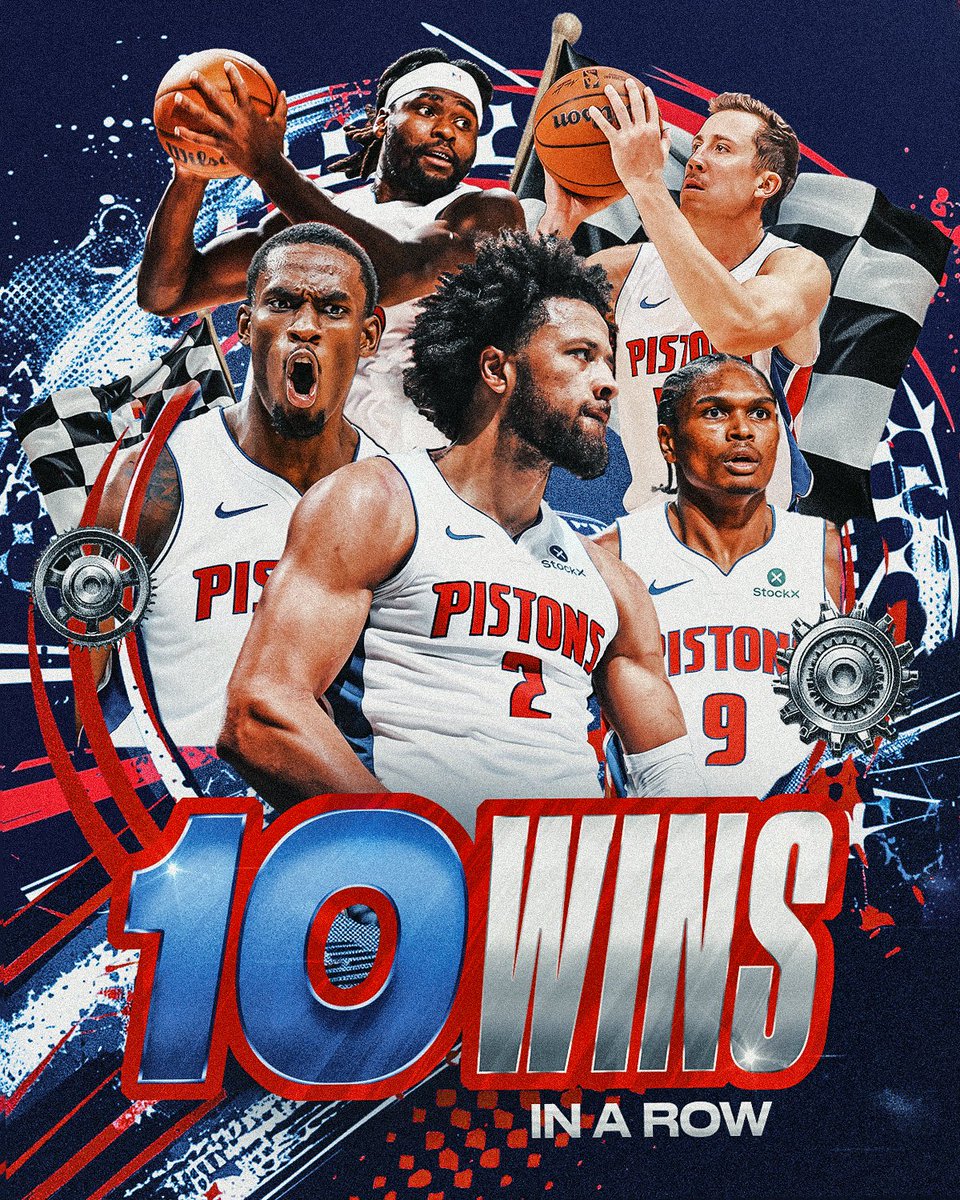 NBA's tweet image. DETROIT BASKETBALL: STREAKING

🏎️ 10 wins a row
🏎️ 12-2 | 1st in the East
🏎️ Best start since 2005-06

Pistons seek 11 straight tonight in Atlanta at 7:30pm/et on NBA League Pass!
➡️ nba.smart.link/2adhesjb9