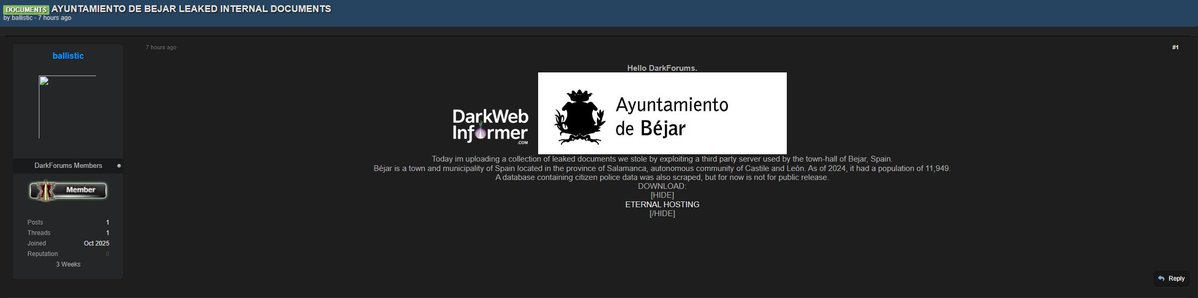 DarkWebInformer's tweet image. 🚨🇪🇸 Claimed Data Breach of Ayuntamiento de Béjar