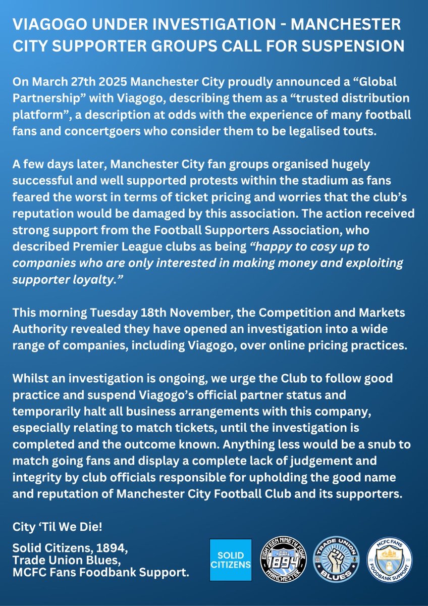 WeAre1894's tweet image. In light of today’s news that viagogo’s additional online fees are being investigated by the competition watchdog we join with other Manchester City supporters groups to calling for City to suspend using Viagogo whilst this happens &amp;amp; to release their allocation to normal fans.