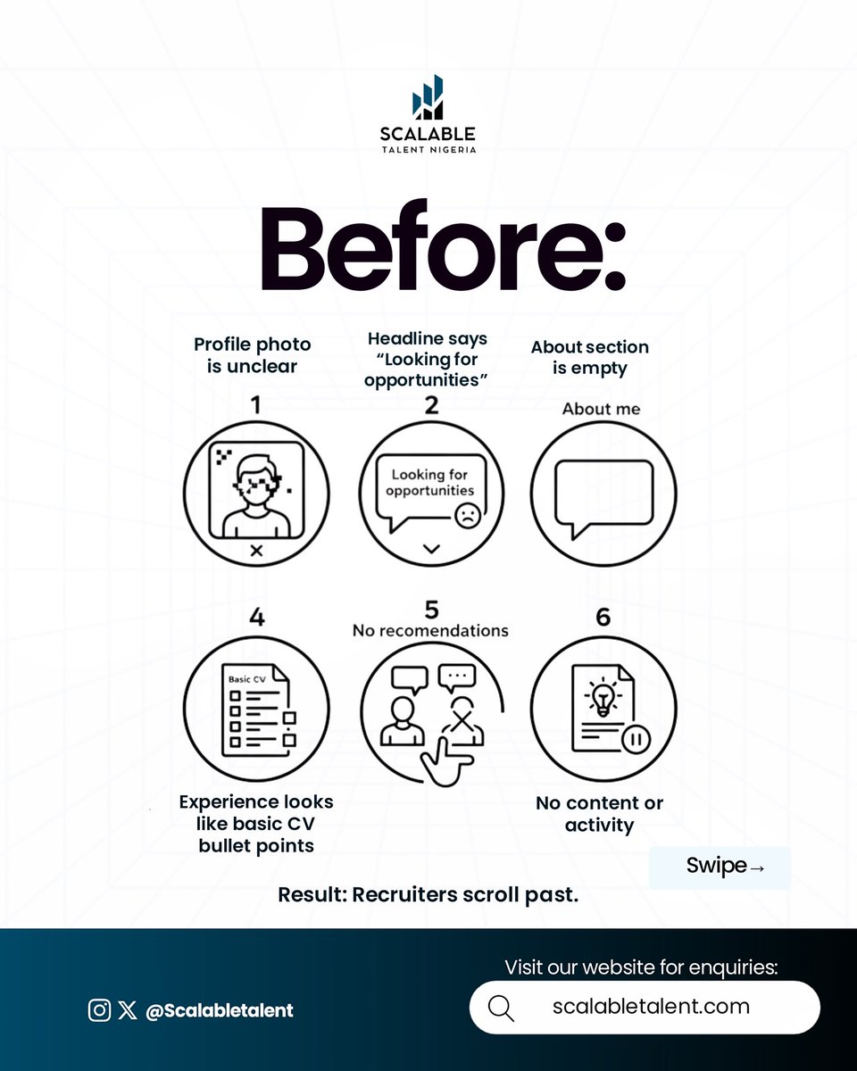 ScalableTalent_'s tweet image. Your LinkedIn profile is either opening doors… or quietly holding you back. 👀

See the before &amp;amp; after of a recruiter-ready profile, the changes that make hiring managers stop, click &amp;amp; take you seriously.

Want better opportunities? Start here. #LinkedInTips #CareerGrowth