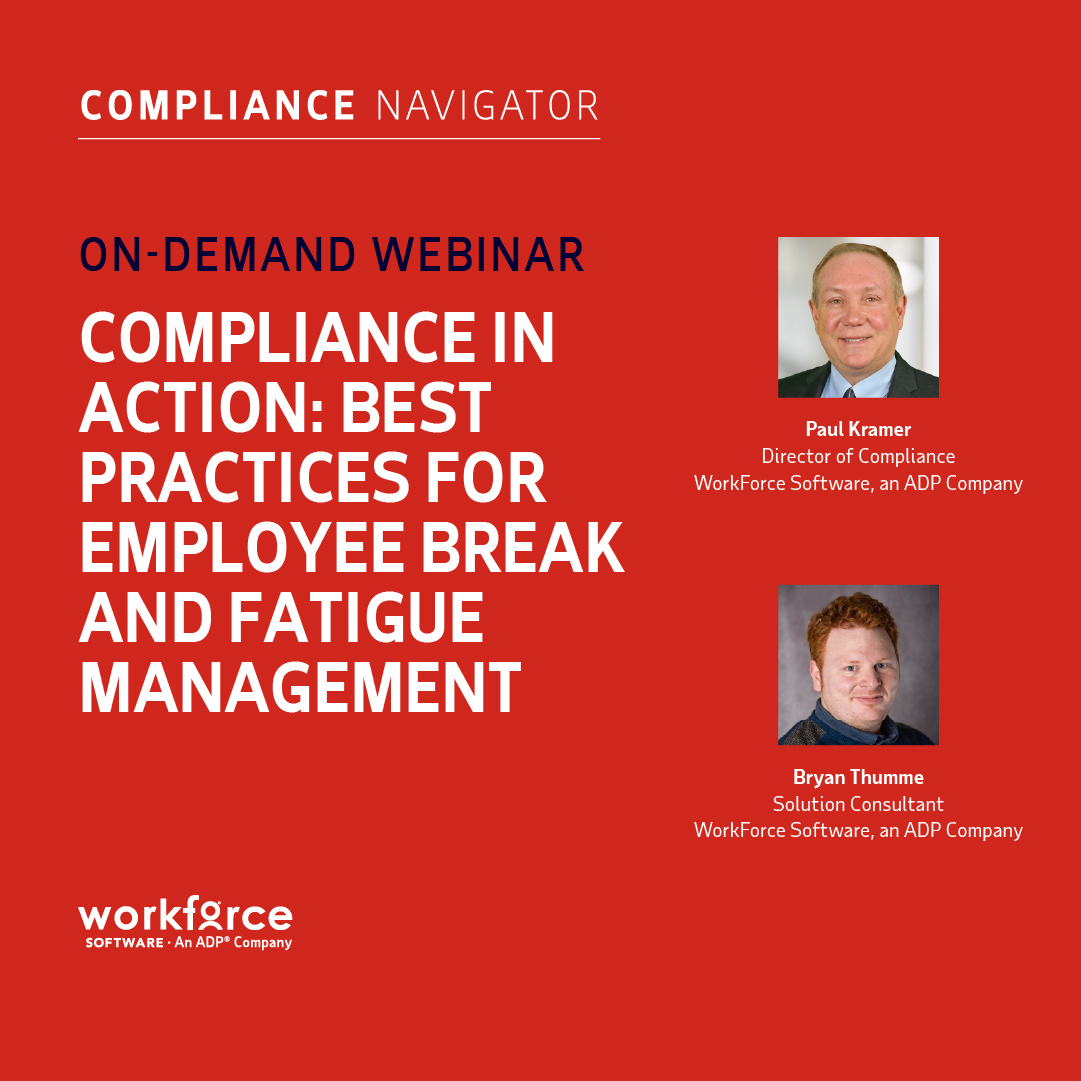WorkForceSW's tweet image. Catch the replay of our latest Compliance in Action webinar! Experts Paul Kramer and Bryan Thumme dive into the legal landscape around break requirements, explore the risks of noncompliance, and highlight best practices. bit.ly/4oPRVNc #ComplianceNavigator