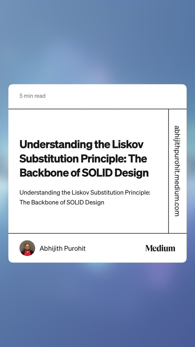 abhip_me's tweet image. Every developer hits this moment.
Your code looks fine, but something feels off.
Classes behave in weird ways. Bugs appear from nowhere. Nothing is consistent.

Most of the time the real issue is broken inheritance.

I wrote a quick post explaining the Liskov Substitution…