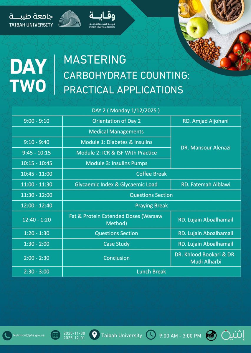 #دايتشنز 
المهتمين بحساب الكارب فرصة عظيمة لنخبة من المختصين الرائعين ومجاني بساعات معتمدة ،وبحضور اصحاب الفخامة والعلم<a href="/ithnainofficial/">إِثنين | تطبيق للسكريين</a> ،<a href="/LAbualhamail/">RD.Lujain abualhamail</a> ,<a href="/_Mansour_A/">منصور العنزي</a>  ،<a href="/All21031173/">أمـجـاد ✨</a>  ولايهونون البقيية وبدعم جامعة طيبة ووقاية

انصحكم بقوة لمن يتسنى له الحضور يحضر😍👏🏻