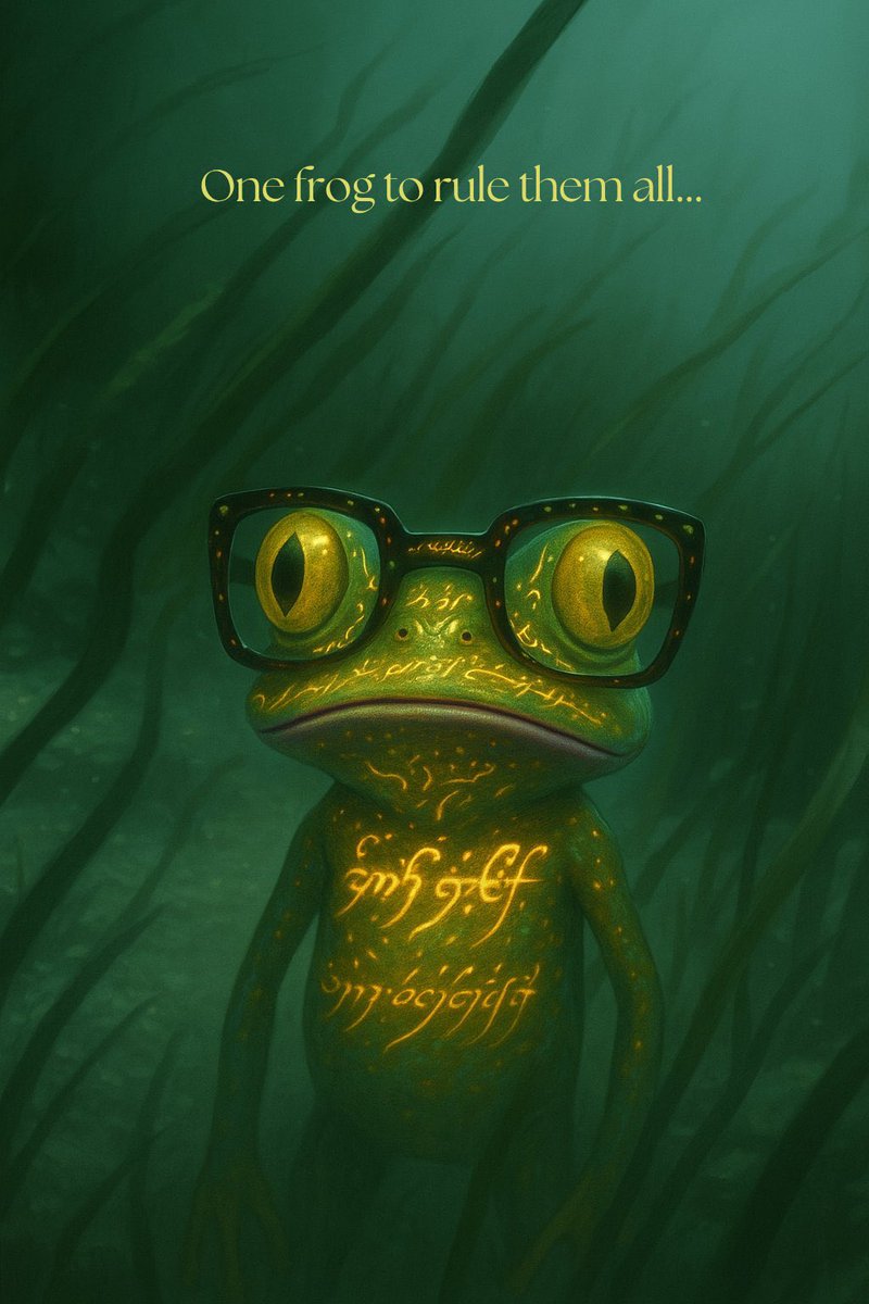 一只青蛙掌控一切的梗图，青蛙伴有发光文字