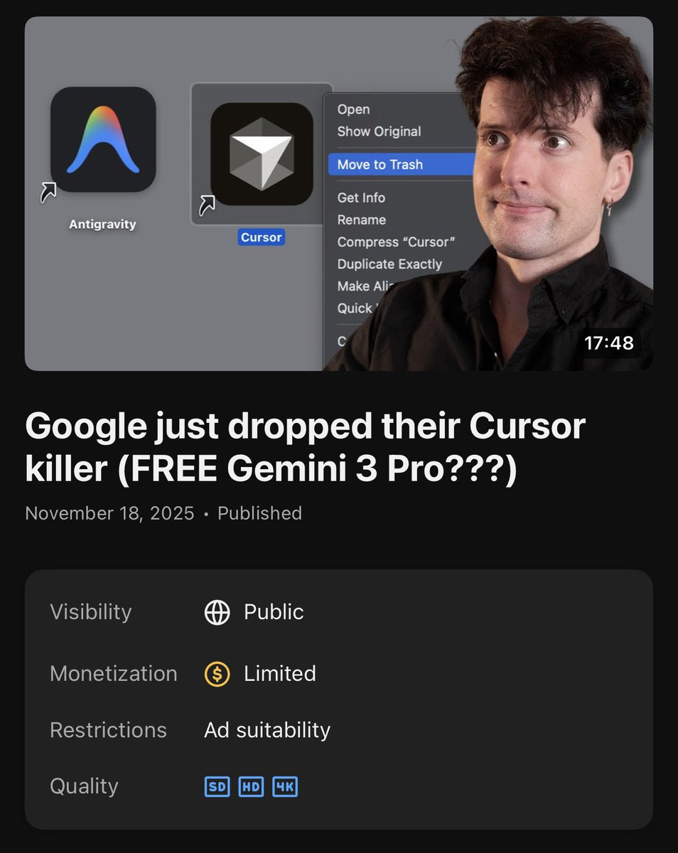 theo's tweet image. Google just restricted the monetization on my Antigravity video??? I know this is an automated system but like wtf, this feels like censorship.

This significantly hurts the traction of a video. New views has dropped by 70% since the flag was applied.