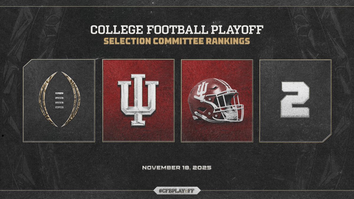CFBPlayoff's tweet image. November 1️⃣8️⃣ College Football Playoff Selection Committee Rankings

2️⃣. Indiana // @IndianaFootball

#CFBPlayoff 🏈🏆