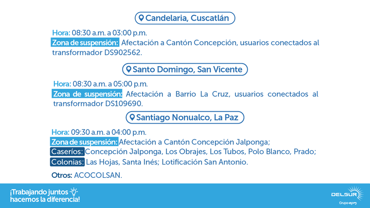 DELSUR te informa que el día 19 de noviembre de 2025, el suministro será interrumpido debido a trabajos de mantenimiento en la red eléctrica para la modernización del servicio. Las interrupciones asociadas a estos trabajos afectarán únicamente a los lugares y zonas detallados en