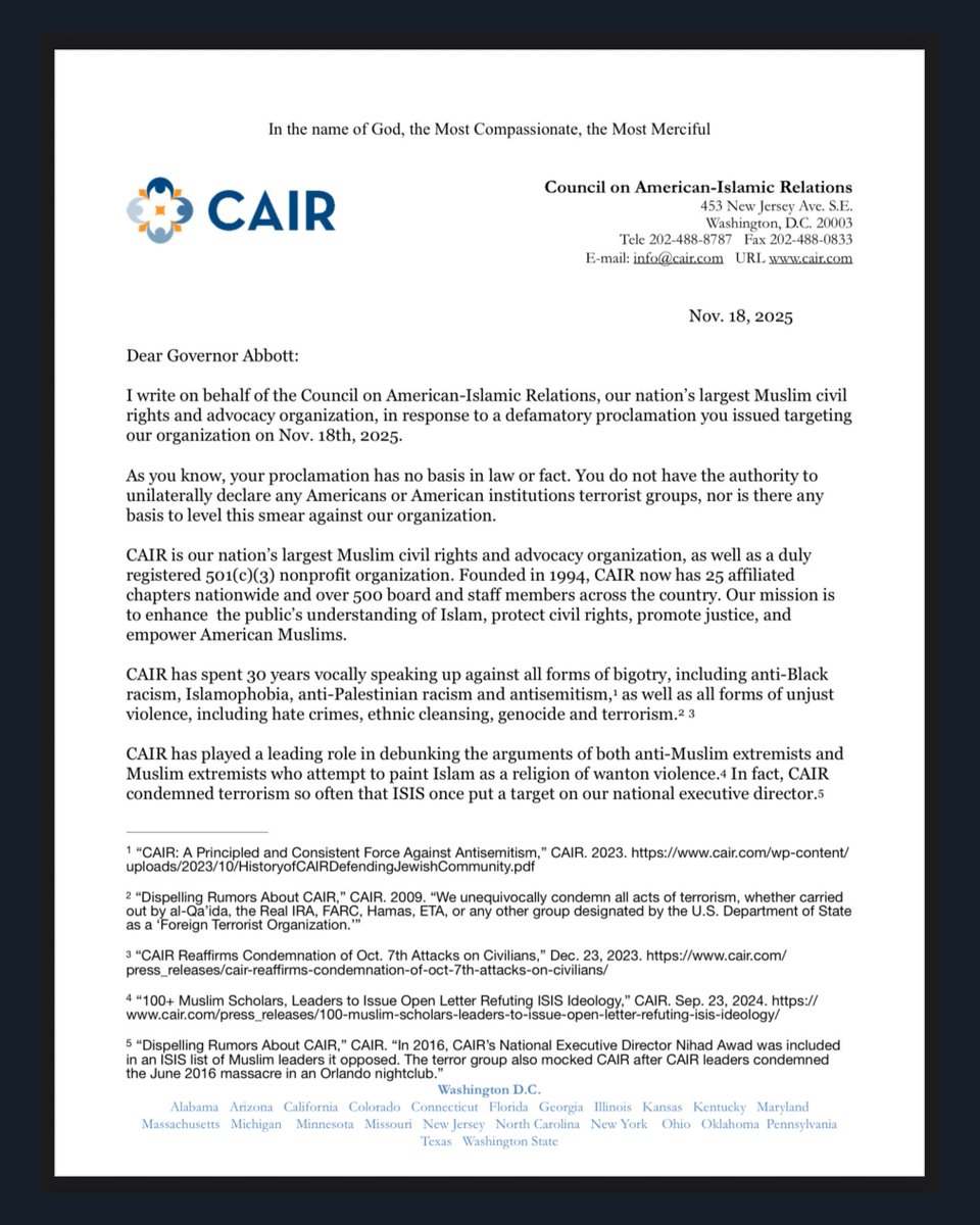 Today, CAIR sent a letter to Texas Governor <a href="/GregAbbott_TX/">Greg Abbott</a> reminding him that we beat him in federal court the last three times he tried to shred the First Amendment to protect the Israeli government from criticism. And we are prepared to, God willing, beat him again in response