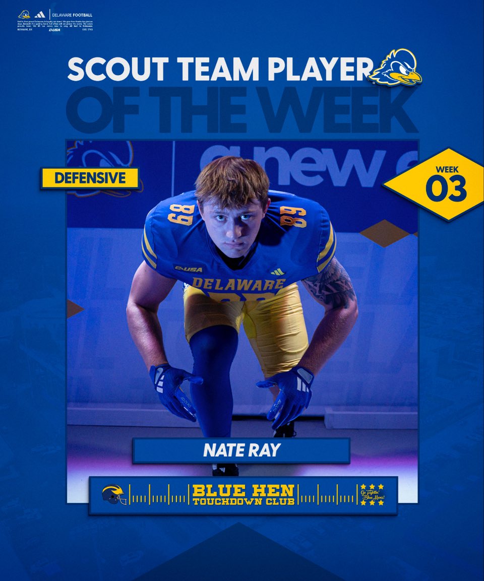 Honored to earn Scout Player of the Week for the second time! 🔥
Huge thank you to <a href="/BlueHenTDClub/">BlueHenTouchdownClub</a> for the support!! I encourage everyone to click on the link below and become a member of the blue hen touchdown club!💪💙
#ScoutPlayerOfTheWeek #StayReady
bluehentdclub.com