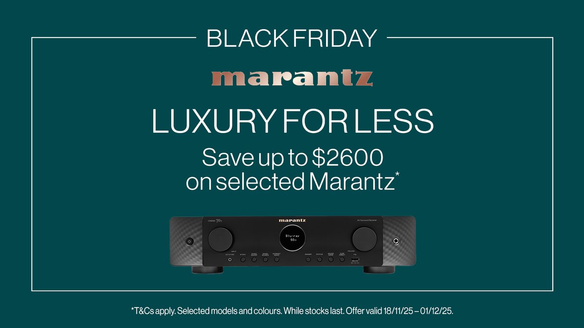 VideoproAU's tweet image. Save up to $2600 on select Marantz models at Videopro for Black Friday. T&amp;amp;Cs apply. Ends 01.12.25.

Shop: bit.ly/3K6l5Ja
Stores: bit.ly/3Yg0HHi

#marantz #blackfridaysale #homeaudio