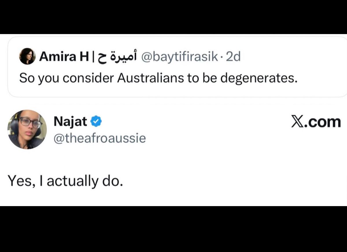 DrewPavlou's tweet photo. I support the Australian government’s decision to deport people for ideological extremism and race hatred.

I call on @Tony_Burke to investigate Najat Abdi. She is a Somali communist agitator who openly declares that Australians are racially inferior “degenerates.” https://t.co/BMVtvkYY6D