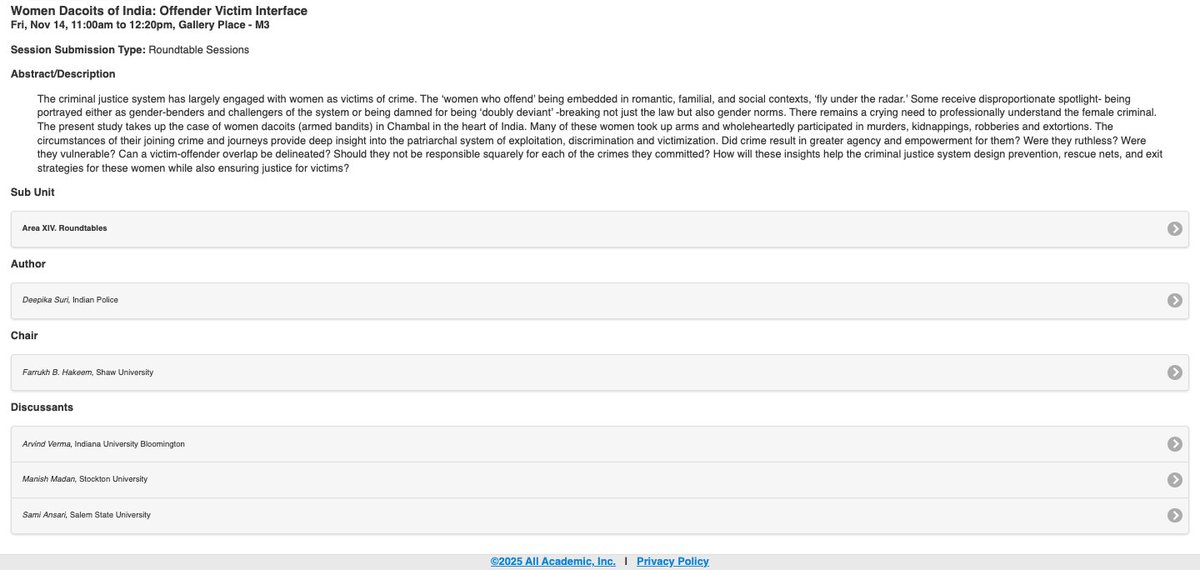 Got the opportunity to present my paper 'Women Dacoits: Offender-Victim Interface' at the American Society of Criminology.
How did these women get integrated into the criminal universe? How can the Criminal Justice acknowledge them as victims while ensuring their accountability?