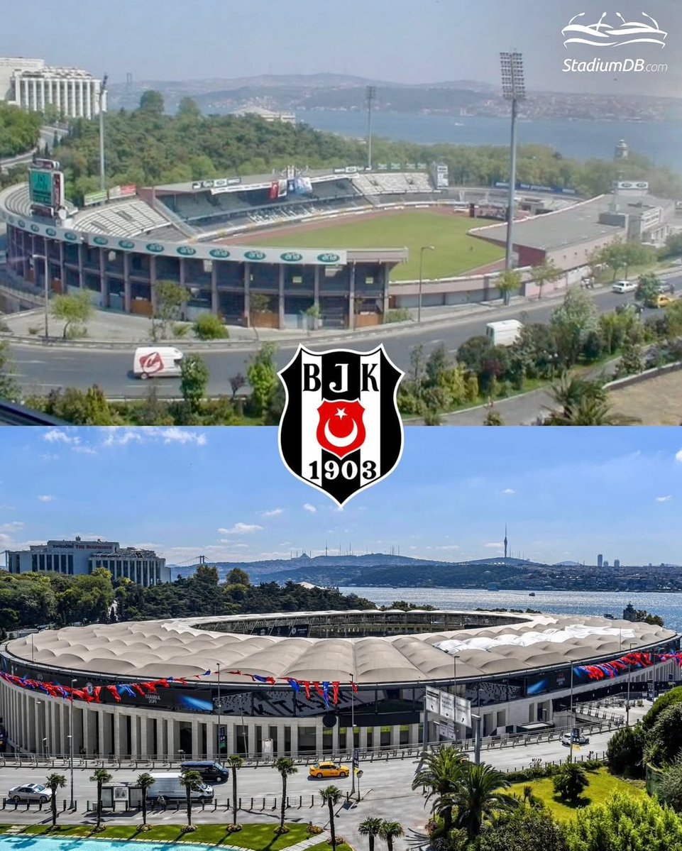 THEN vs NOW ⚫️⚪️

Besiktas replaced the 1947 İnönü with Tüpraş Stadyumu in 2016, built within Dolmabahçe’s preserved walls; the bowl is dug below street level and a low cable roof protects Bosphorus views.

🏟️ stadiumdb.com/stadiums/tur/v…