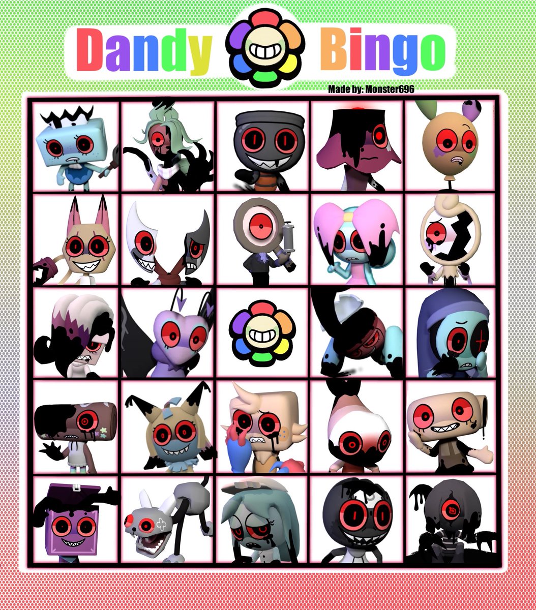 M0nster696's tweet image. Guess who made bingo cards 🧵

(1/3) sets cards

#dandyworld #twisted #bingocard
#bingo