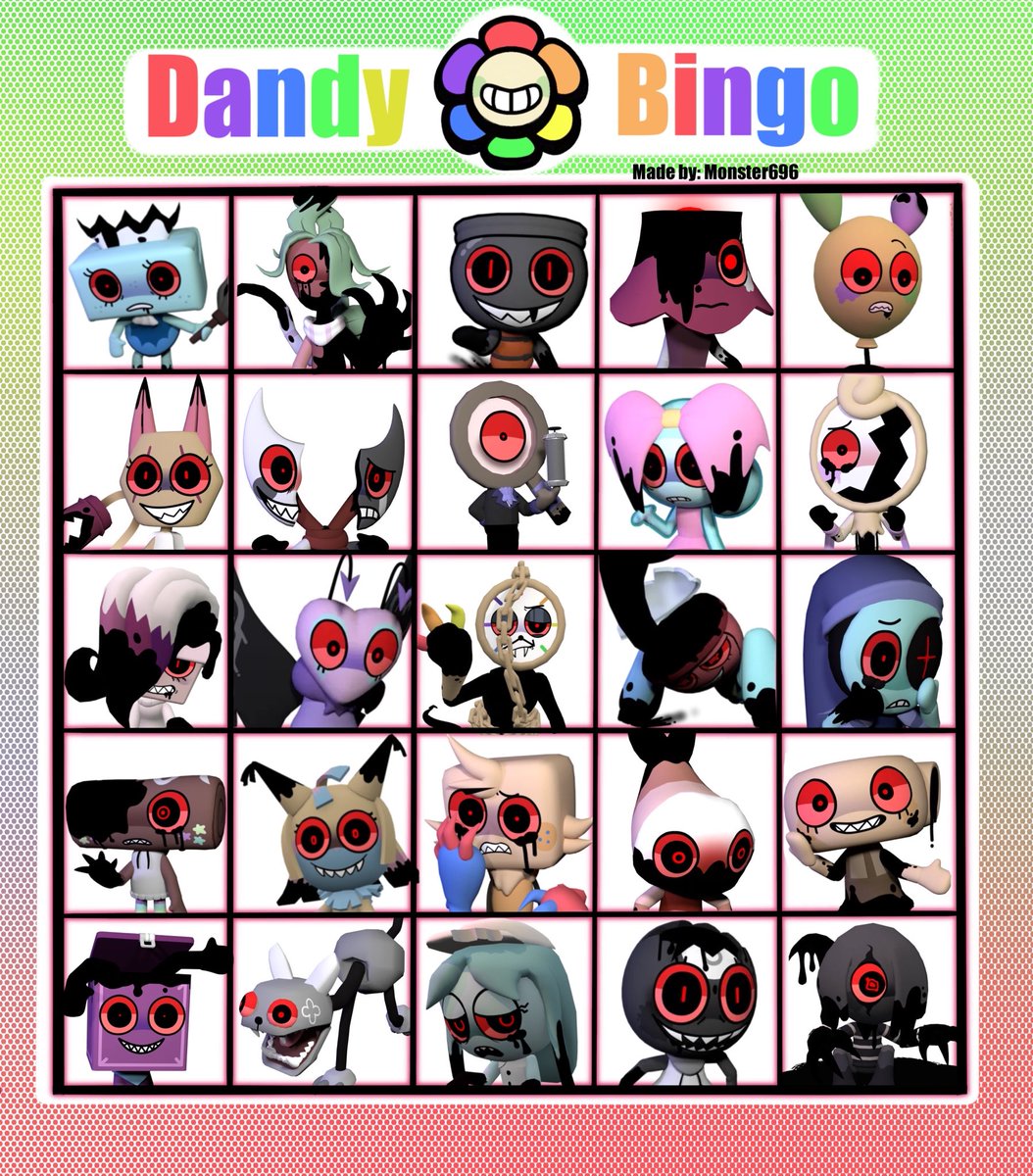 M0nster696's tweet image. Guess who made bingo cards 🧵

(1/3) sets cards

#dandyworld #twisted #bingocard
#bingo