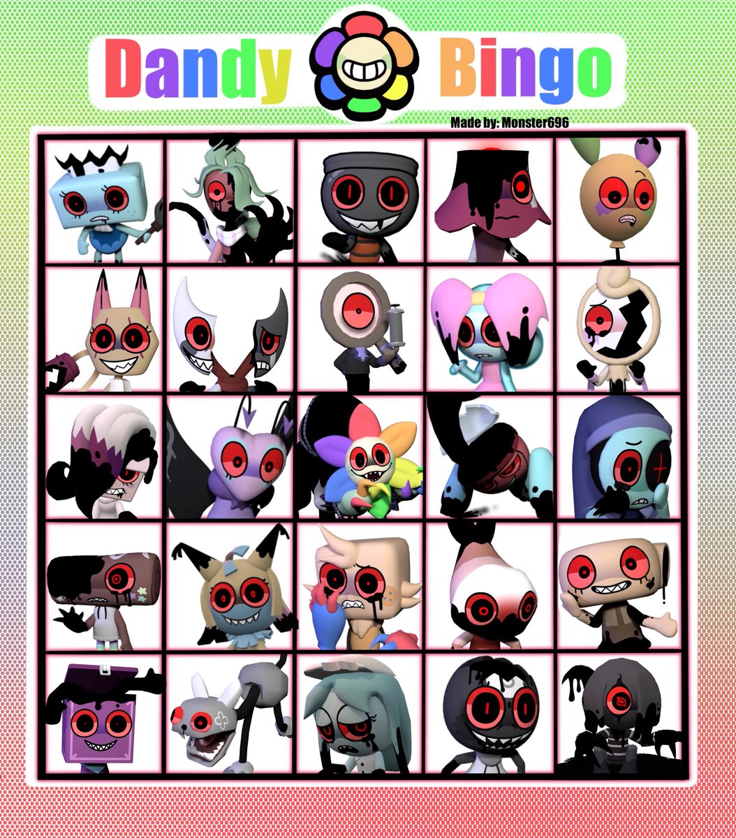 M0nster696's tweet image. Guess who made bingo cards 🧵

(1/3) sets cards

#dandyworld #twisted #bingocard
#bingo
