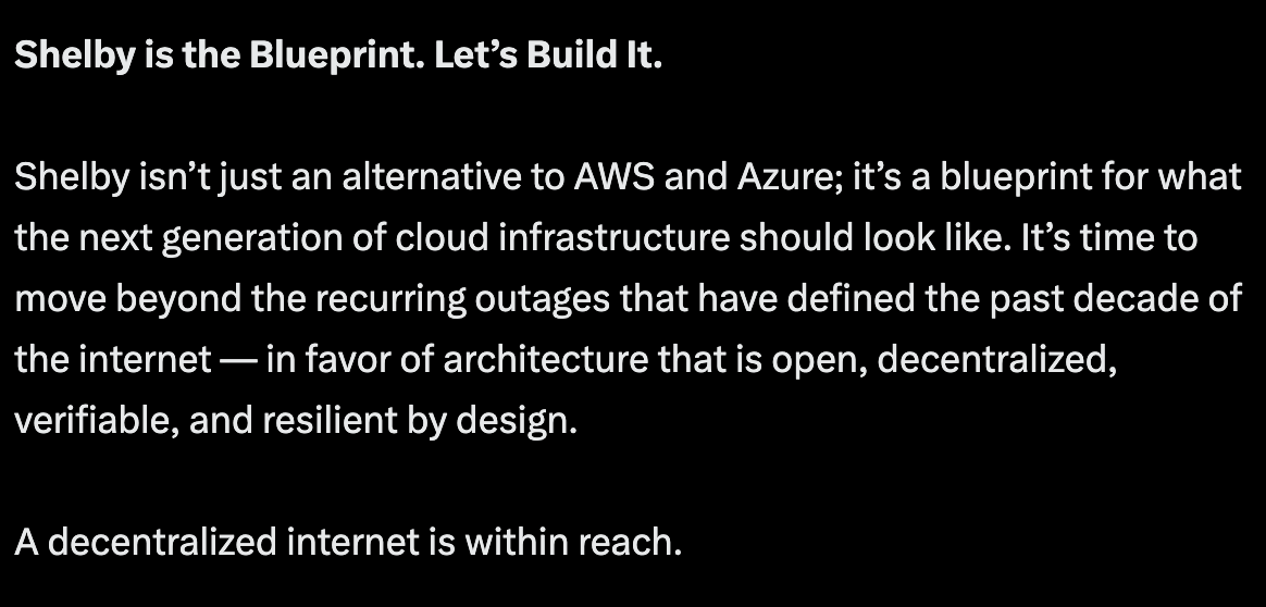 AWS, Azure, and Cloudflare outages—all solvable.

Enter @ShelbyServes, the blueprint for what the next generation of the Internet should look like, from the minds of <a href="/AptosLabs/">Aptos Labs</a> &amp; <a href="/jump_/">Jump Crypto 🔥💃🏻</a>.

→ Decentralized hot storage, coordinated on Aptos.