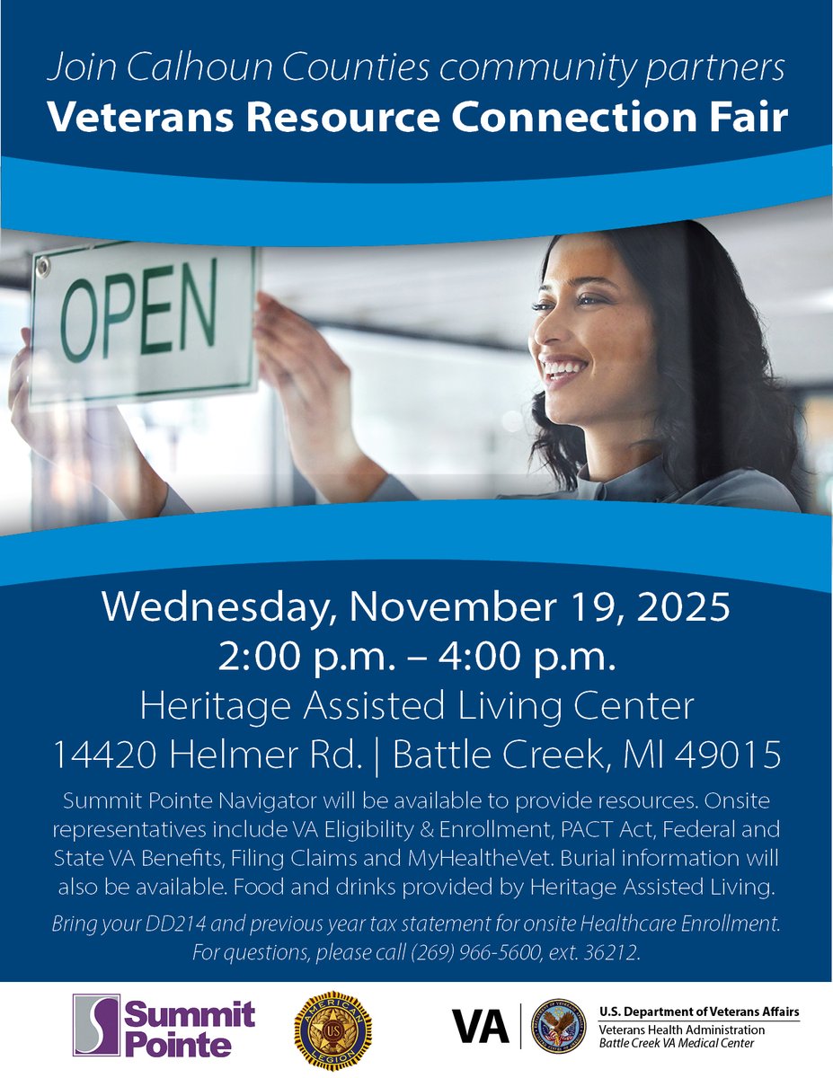 Battle Creek VA will be at the Heritage Assisted Living Center on Wednesday, November 19th, from 2:00 p.m. to 4:00 p.m. to talk with Veterans about enrollment, PACT Act, Federal and State Benefits, MyHealtheVet, and more.
Veterans who are interested in enrollment should bring