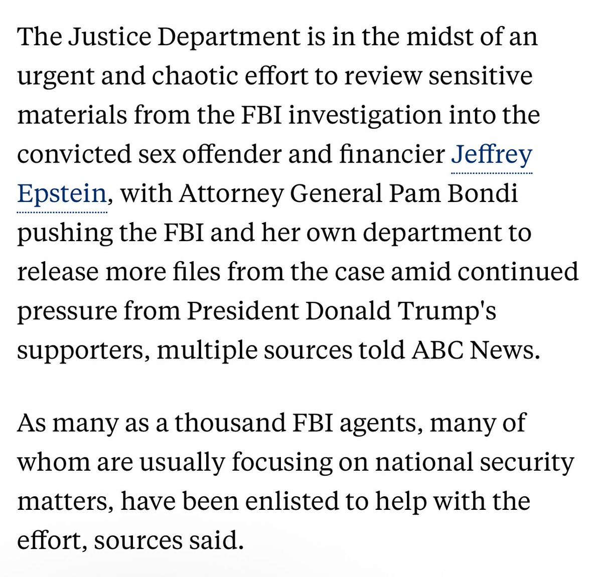 DMichaelTripi's tweet image. “A thousand or more agents” have been scrubbing the files since March, right around the same time Pam Bondi started repeatedly lying on television. x.com/dmichaeltripi/…
