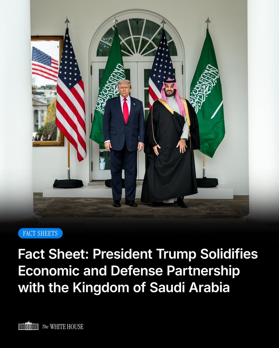 Today, President Trump and Crown Prince Mohammed bin Salman finalized a series of landmark agreements that deepen the U.S.-Saudi strategic partnership, expand opportunities for high-paying American jobs, strengthen critical supply chains, and reinforce regional stability.