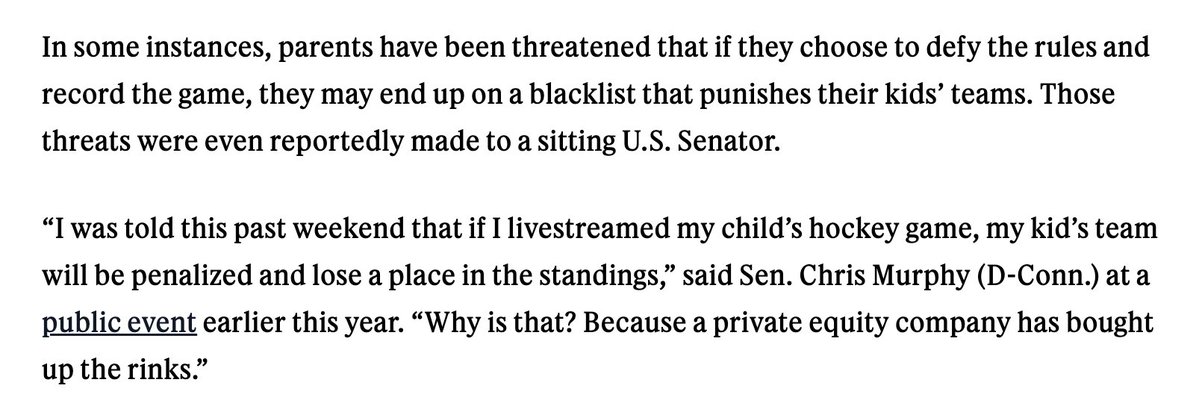 A US Senator recording his kid's hockey game was told to sit down and pay up or the PE firm that controls the ice rink would penalize his kid's team...
