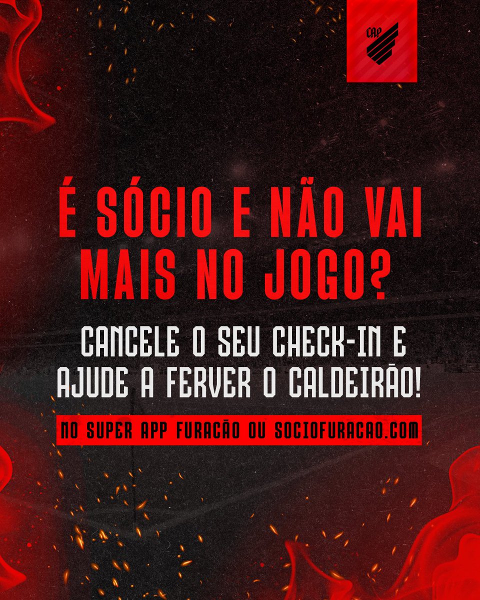 Confirmou o seu lugar, mas não vai poder ir no jogo? 

🌪️ Cancele o check-in e libere o seu lugar para outro rubro-negro ferver o Caldeirão! 

➡️ O cancelamento pode ser feito no sociofuracao.com ou pelo Super App Furacão.