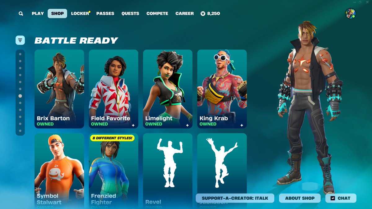 ThisIsITalk's tweet image. I hope this next Fortnite update fixes the &quot;Battle Ready&quot; section of the shop.

- Kicks should have their own section
- Skins that have multiple of the same skin, but different character, should NOT be here (soccer skins, etc.)
- Needs better variety and have things rotate DAILY