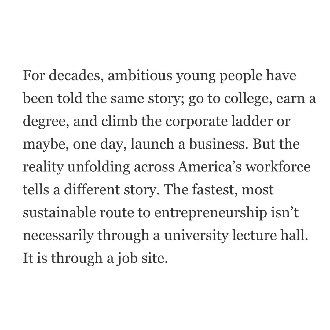 USDOL's tweet image. The path to entrepreneurship runs through the SKILLED TRADES 🔥

@Forbes: Americans in the Skilled Trades are “among the most likely workers to start their own business within their first decade of experience.”