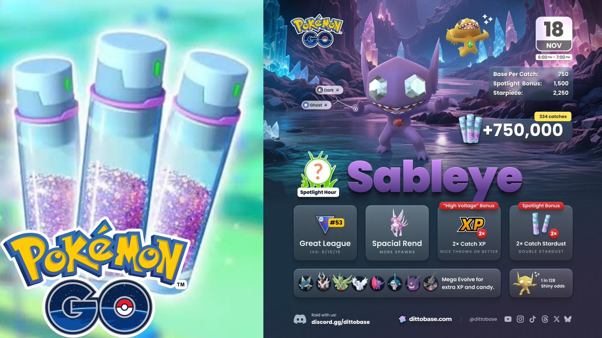 engel_go's tweet image. 🧪 Consigue más de 10 a 30 millones de Polvos Estelares en 1 día | Pokémon GO Hora Destacada Sableye
youtube.com/live/KyAkPci4w… 

⏳ Horarios
pogoquest.com/events/spotlig… 

➡️ Dejen su Like ♥️, suscríbanse y compartan! 🙌🏼

#PokemonGO