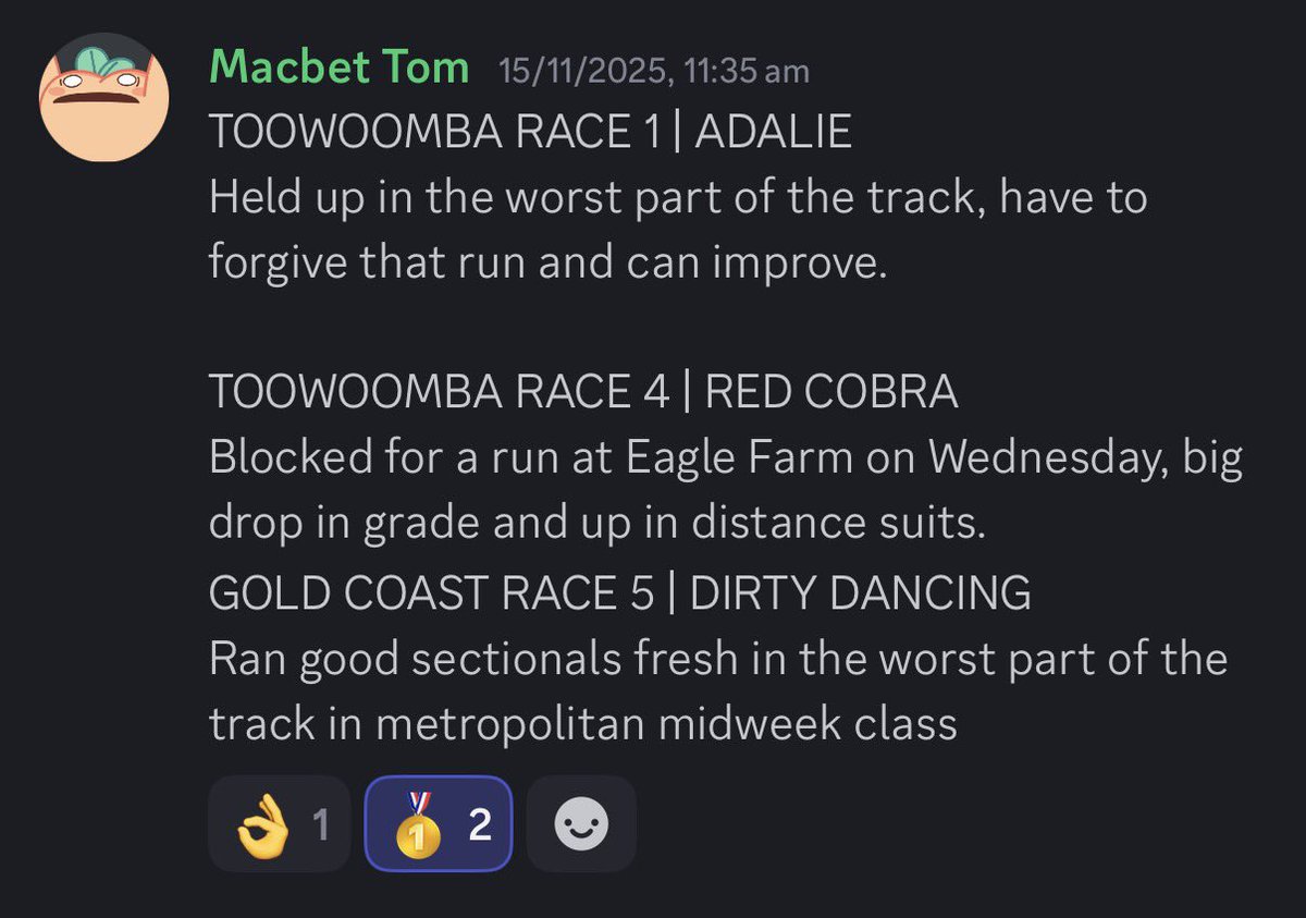MacBetTips's tweet image. Looking for free mail?

@mapsofbris’ blackbook is free to members of the MacBet discord!

$6.40 TT+ winner on Saturday for Tom fans! 💰

Join now discord.gg/ugmesT8xh