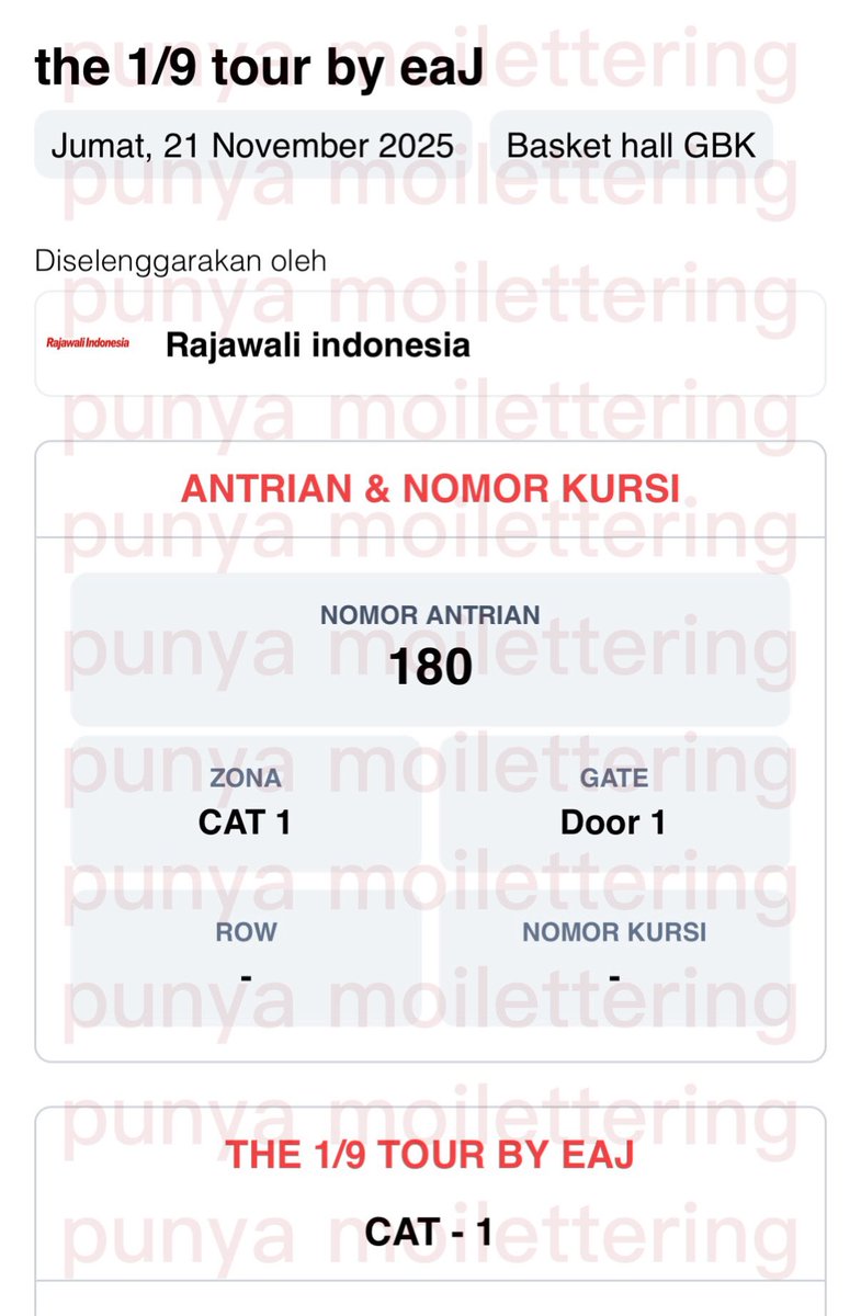 moilettering's tweet image. WTS EAJ JAE JAKARTA

CAT 1
price : 1.400.000

boleh full payment venue ya, asal tdk hit &amp;amp; run, bisa dm ya jars. 1000% trusted silahkan cek akunku 🫶🏻