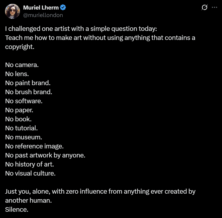 AI people don't understand what copyright is.

Cameras, lenses, paints, brushes, software, and paper are tools and materials, none of them 'contains a copyright'. They also can't generate previously copyrighted things spontaneously for you.

Books, tutorials, and museums are all