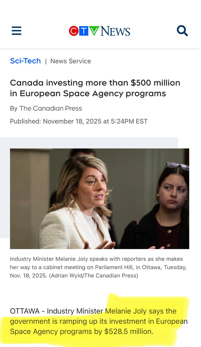 myabradshaw78's tweet photo. $528M Gone.. Melanie Joly has taken $528M and putting it in European Space Agency Programs. Now where is all the details and plans for every cent to be accounted for?? https://t.co/PKO1E3CyRJ